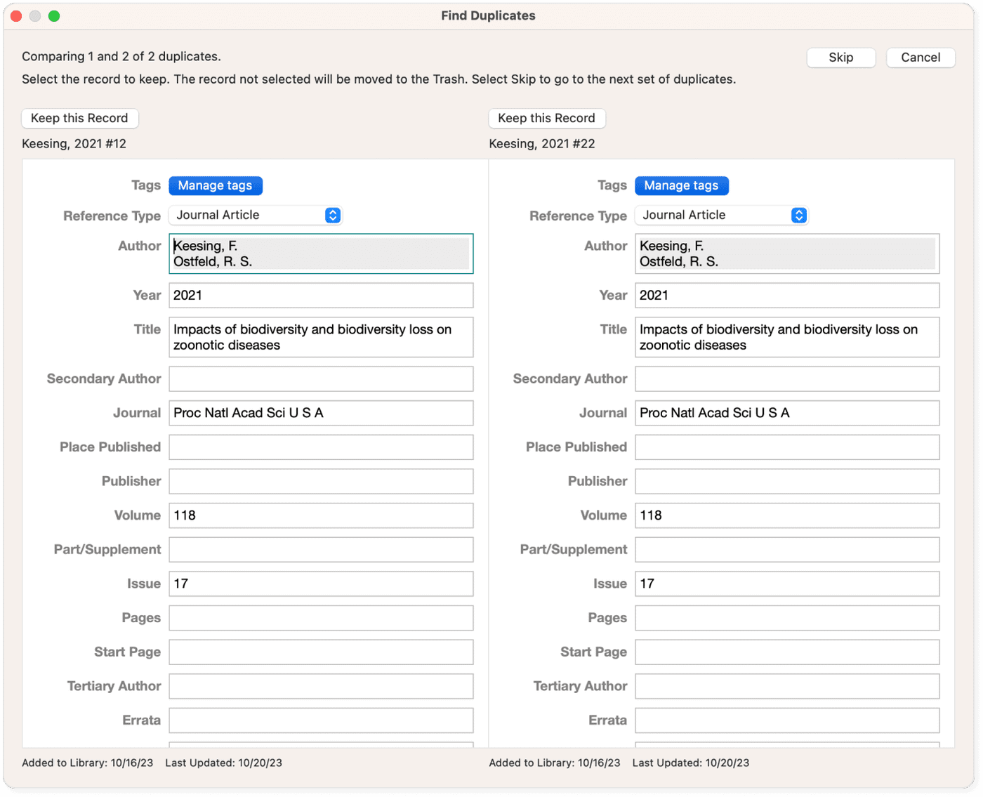 EndNote's find duplicates feature